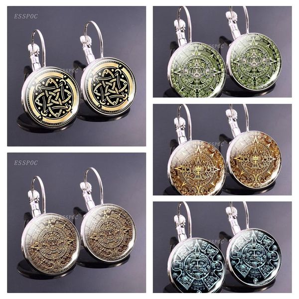 

stud mayan calendar silver/bronze hoop earings retro glass cabochon jewelry hook earring mexican aztec women gifts, Golden;silver