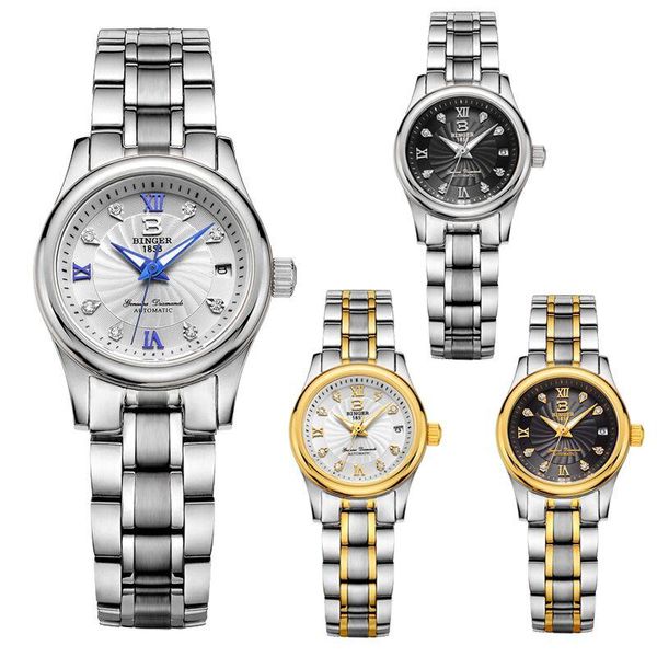 

wristwatches genuine binger 603l beloved series mechanical women's watch couples glittering grace luxurious business fashion crystal, Slivery;brown