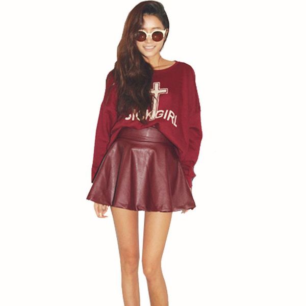 

skirts 2021 drop high waist faux leather skater flare skirt mini above knee solid color, Black