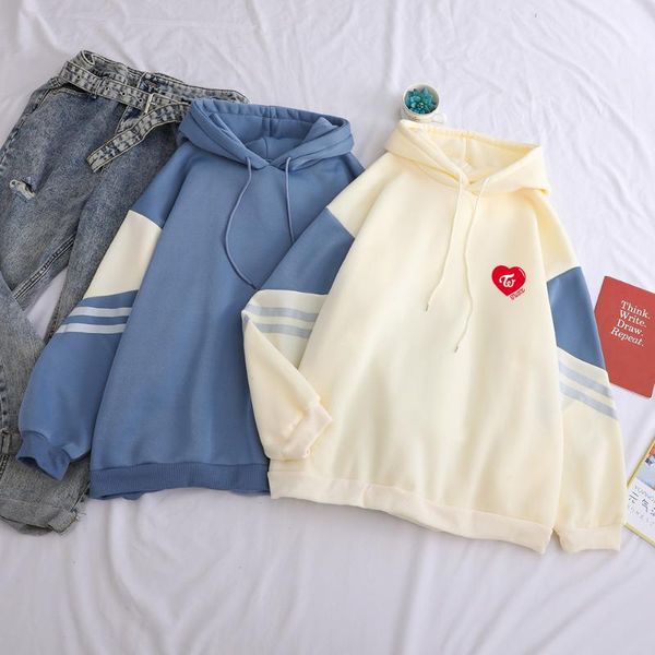 

women's hoodies & sweatshirts cotton heart print fashion kpop pullover harajuku contrast color patchwork twice streetwear, Black