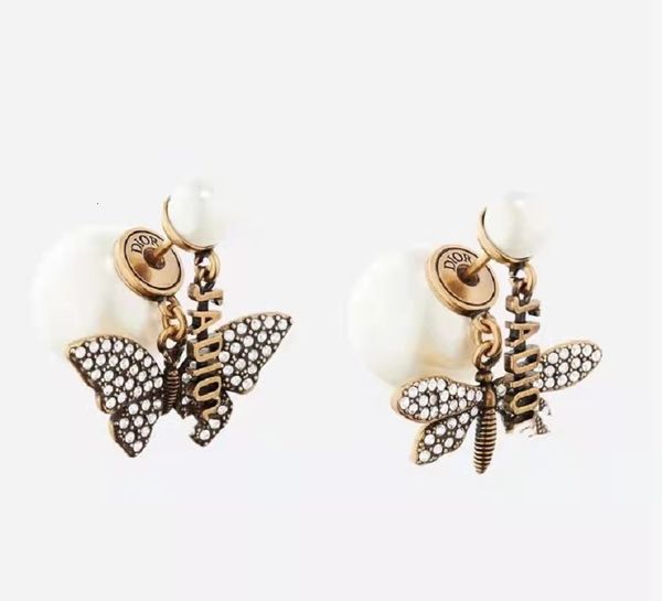 

charms / di home butterfly dragonfly asymmetric pearl earrings female rhinestone 925 silver needle jewelry, Golden