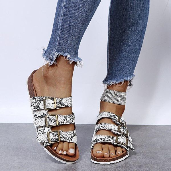 

fashion women slippers animal print pu leather three rows of buckles outdoor slides beach sandals ladies shoes 2021 summer, Black