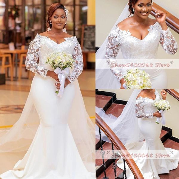 

plus size arabic mermaid lace wedding gowns v-neck long sleeves simple custom made bridal dresses, White