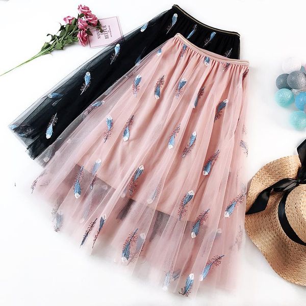 

skirts 2021 fashion spring summer embroidery feather mesh bust skirt women bohemian high waist pleated long girls, Black