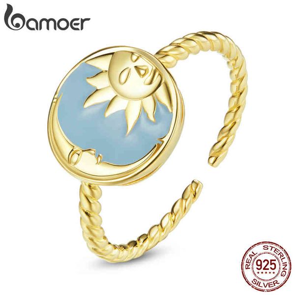 bamoer Myth Gold 925 Sterling Silber Open Splendid Sun Moon Unique Hexagram Six-pointed Star Ring Adjustable Anillo