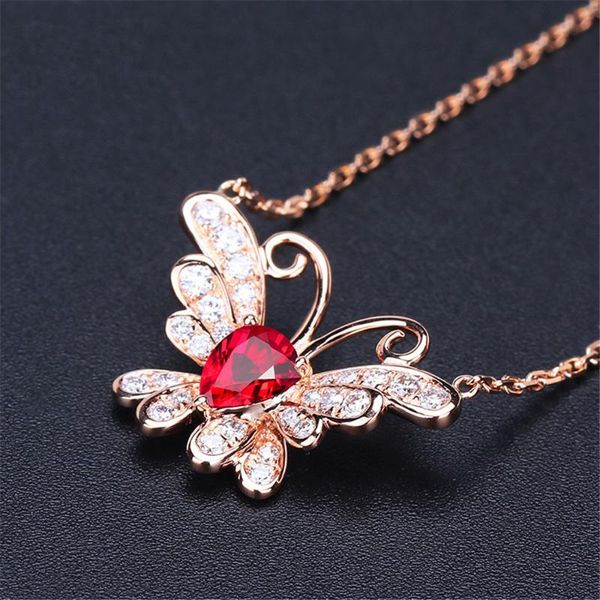 

chains ruby gemstones butterfly choker pendant necklaces for women red austrian crystal 18k rose gold color jewelry bijoux bague gifts, Silver