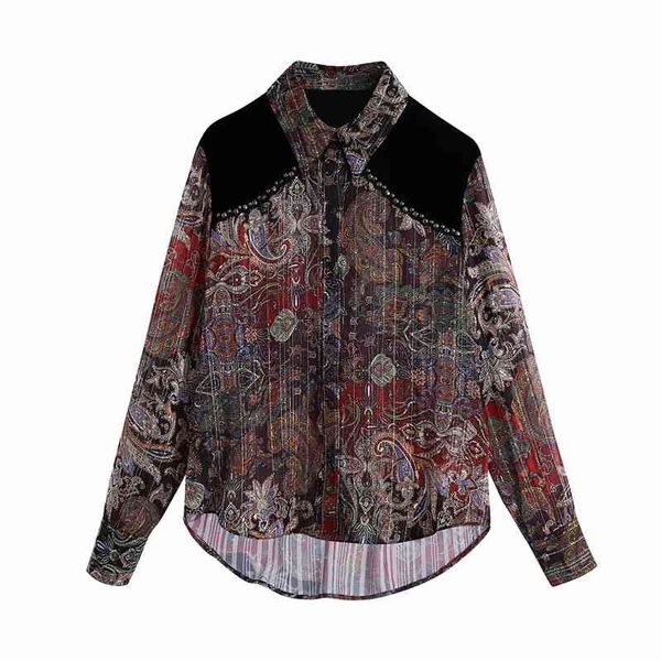 

women's knits & tees women style za autumn long shirts chic lady patchwork velvet shoulder sleeve boho print loose blouse y6nn, White