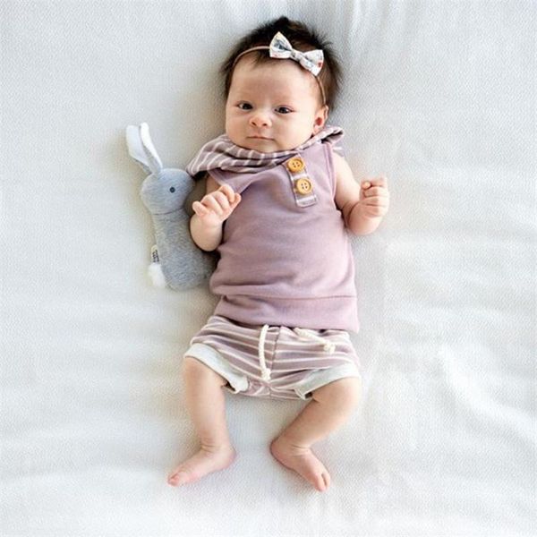 

clothing sets baby boys girls 2 pieces outfit sleeveless stripe hooded button vest elastic waist shorts set clothes for 0-18 months, White