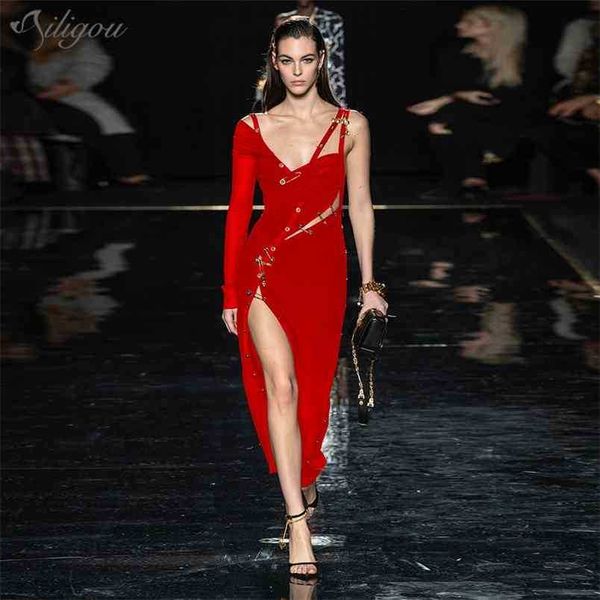Высокое качество красный черный плечо открыть вилку Rayon Bandage платье мода стежка сплит дизайн сексуальная вечеринка 210525