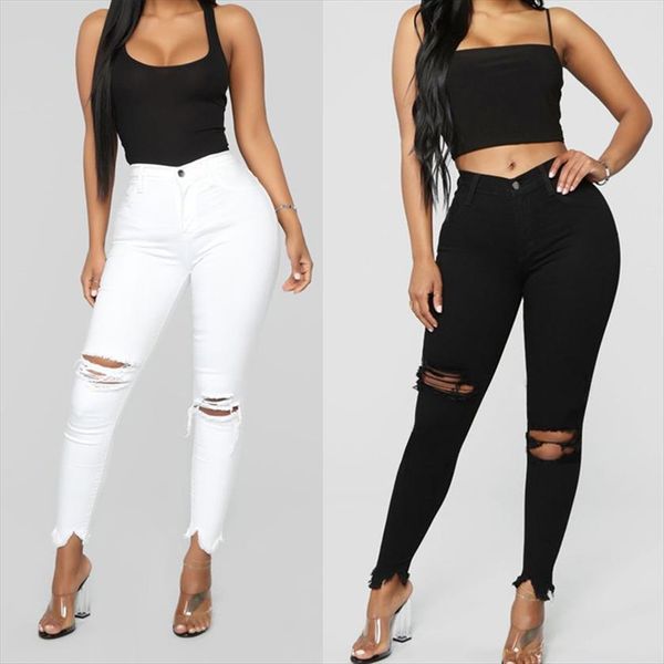 

fashion streetwear black white women jean pencil pants hole high waist, Blue