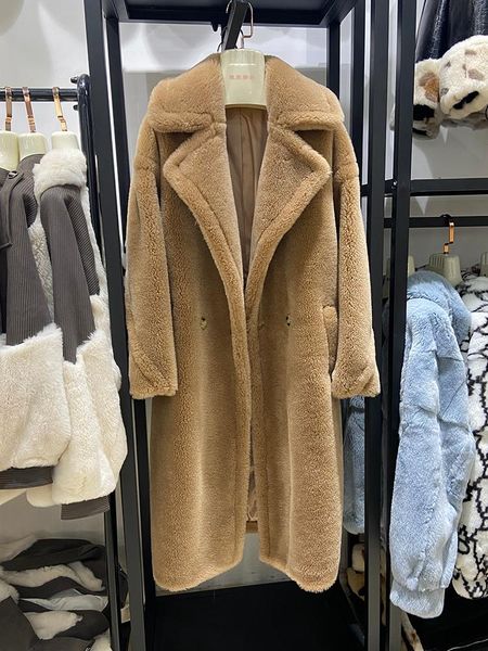 

women's fur & faux winter classic teddy color long warm outwear real coat turn-down collar oversized pink, Black