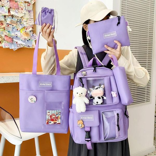 

school bags 5-piece fashion women's backpack pure color cute cartoon student schoolbag canvas large capacity lightweight travel