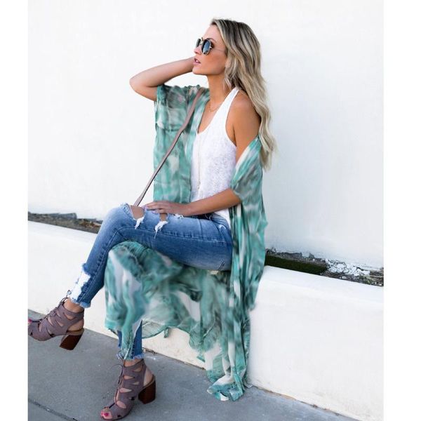 

women's swimwear 2021 summer women sun protection floral print long cardigan casual beach bikini cover ups chiffon shirt, White;black