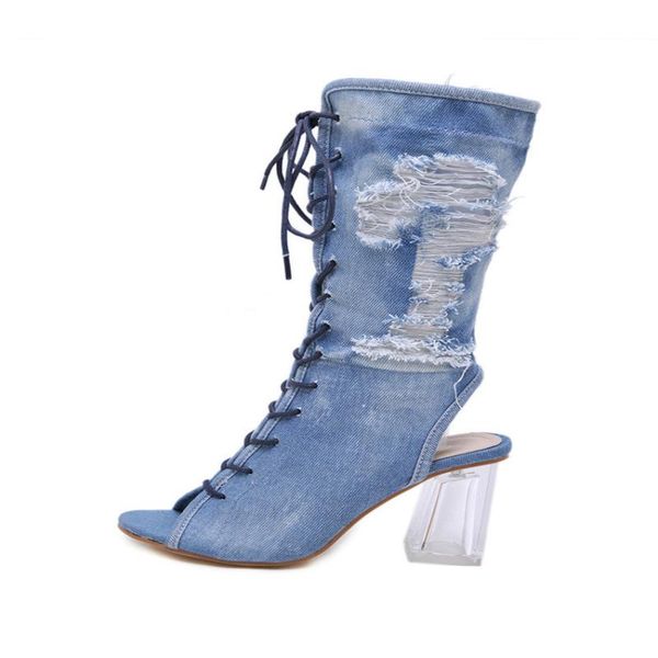 

women ankle boots blue denim gladiator crystal clear high heels sandals cross tied peep toe ladies boot, Black