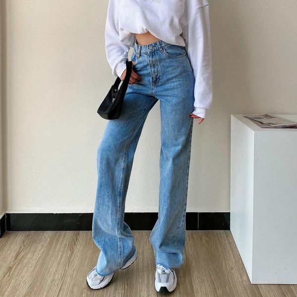 

jeans autumn winter straight loose high waist slim casual pants denim trousers uwo6 women's, Blue