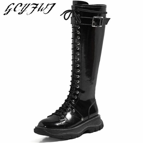 

boots women's knee high patent leather buckle strap zipper-sid party women shoes flat platform thick bottom fashion buty damskie, Black