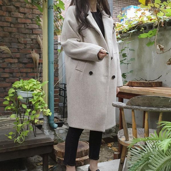 

women's wool & blends women winter coat woolen korean style slim mid long jacket solid color temperament all-match double breasted oute, Black