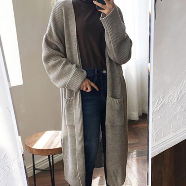 

women's knits & tees women coat solid color long sleeve pockets loose midi sweater autumn cardigan plus size knit knitted outwear, White