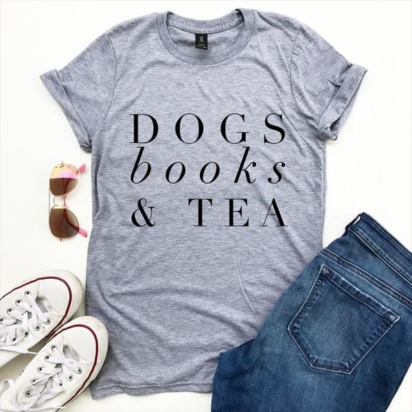 

dogs books and tea men mens t shirts letters cotton casual funny for lady yong girl tee drop ship, White;black