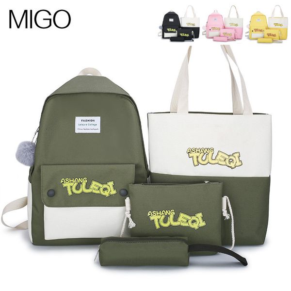 

backpack color contrast printing four piece college style versatile high capacity student schoolbag