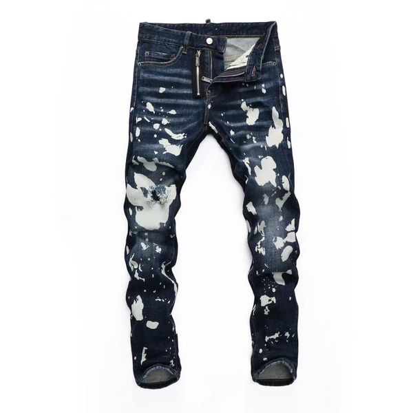 Jeans Hose Neues Modell Designer Herrenmode Koreanischer Stil Hochwertiges Design Loch Farbfleck Spliced Ripped Slim-Leg Motorrad