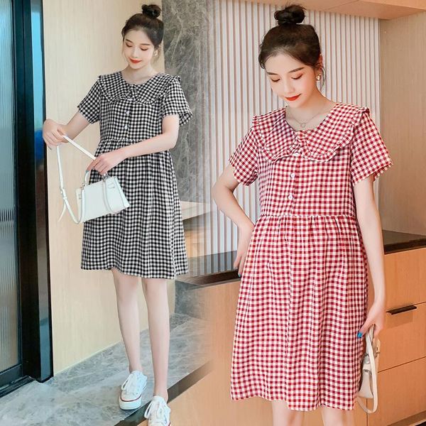 

maternity dresses 2021 summer korean japan fashion dress sweet lovely small plaid cotton clothes for pregnant women slim pregnancy, White