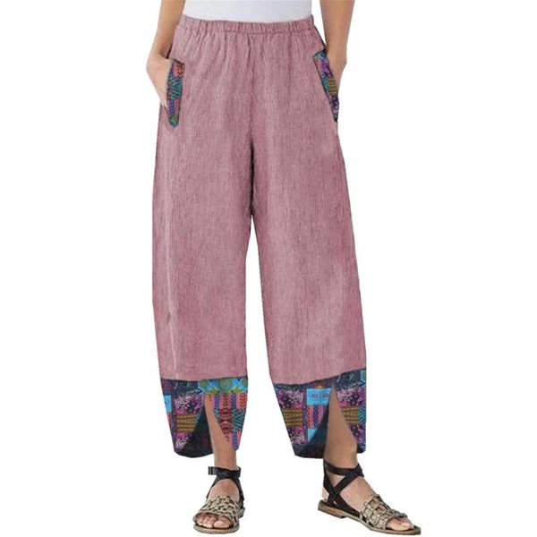 

woman casual pants cotton linen vintage patchwork women clothing cuatoms wide leng female women's & capris, Black;white