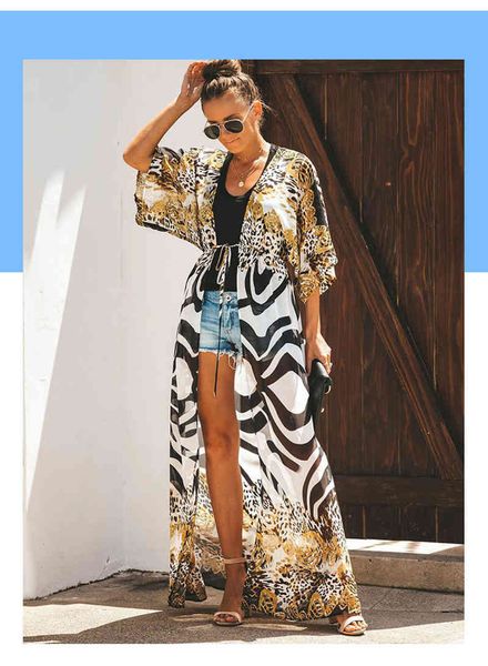 

women's swimwear serpentine chiffon beach kimono 2021 summer swimsuit cover up snake print long cardigan outing wear tl3f, White;black