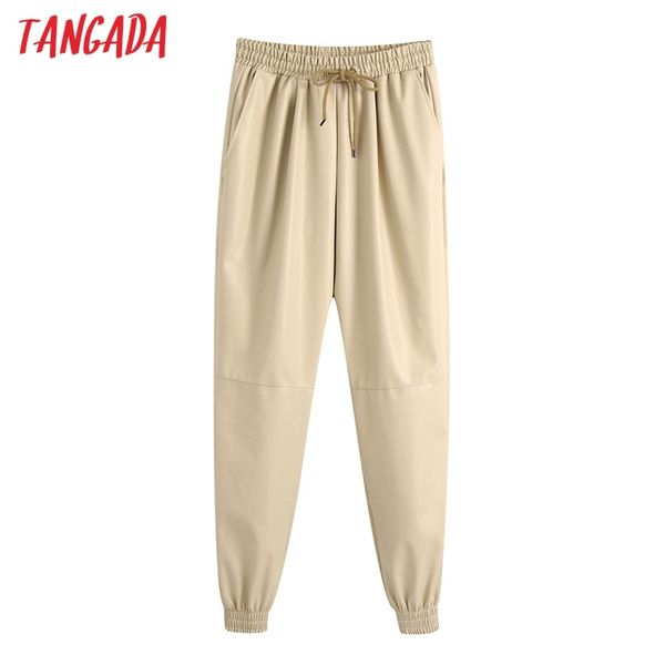 

tangada fashion women faux leather pants long trousers strethy waist pockets female pants be111 210319, Black;white