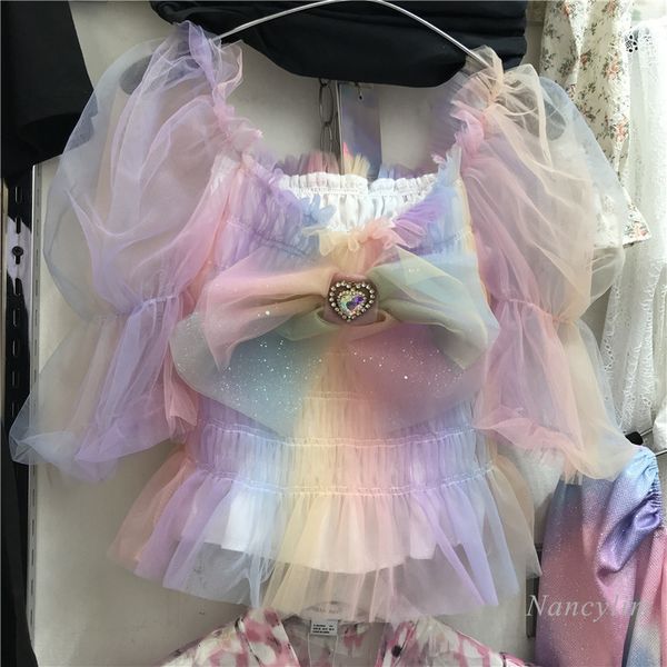 

blouses summer raiow sleeve square collar short bow gauzy chiffon blouse women mesh shirt girl lady crop top, White