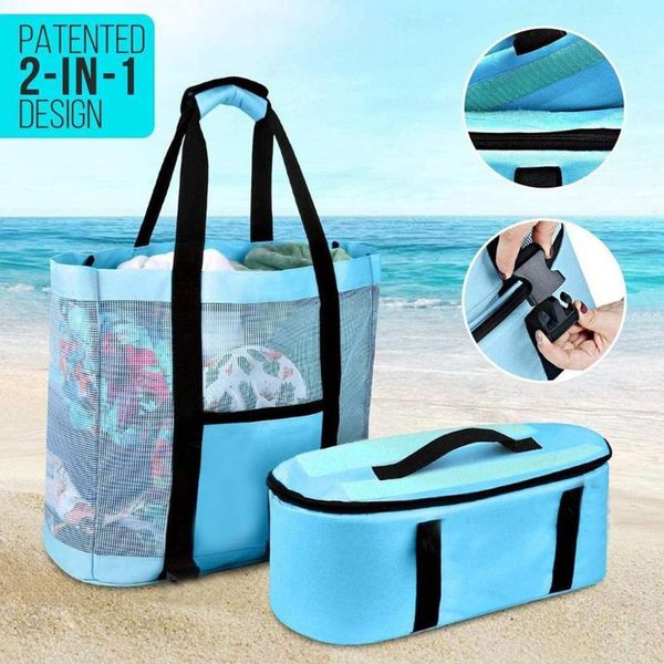 

portable outdoor camping beach mesh tote bag with detachable cooler packing organizer multifunctional travel storage bags clothing & wardrob