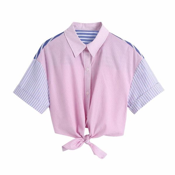 

women's blouses & shirts 2021 summer women casual striped mujer short sleeve navel exposed slim lady harajuku buttons lapel shirt femme, White