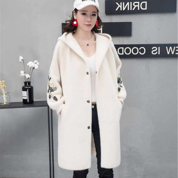 

women's knits & tees imitation water velvet coat women knit cardigan autumn winter long sleeve hooded warm mid-length windbreaker, White
