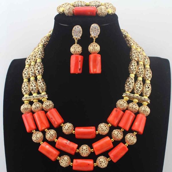 Brincos colar de miçangas de coral laranja africano Conjunto de jóias de 24k fantasia de casamento nigeriano HD85910