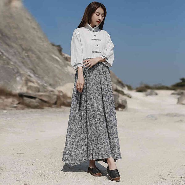 

johnature women stand cotton linen vintage dress patchwork print floral spring female a-line button casual shirt dress 210521, Black;gray