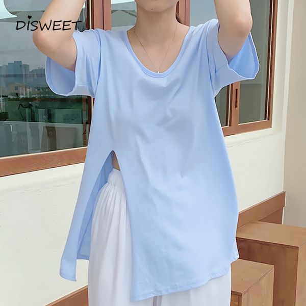 

t shirt solid split t-shirt woman fashion short sleeve loose irregular tees summer style v-neck slim women's t-shirts, White
