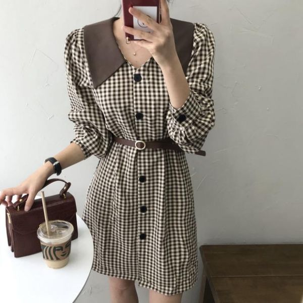 

retro western age reducing plaid contrast lapel bubble sleeve single breasted dress with belt casual dresses, Black;gray