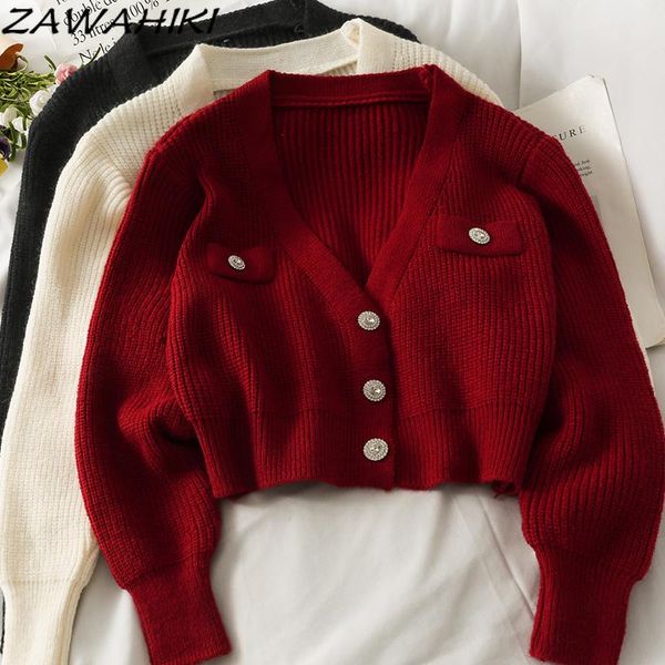 

women's knits & tees zawahiki short all-match v neck long sleeve sweater cardigan women loose knit sweaters solid slim sweet fashion to, White
