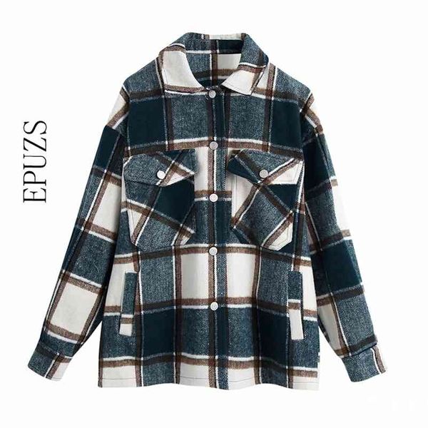 

fashion green plaid shirt jacket women oversized coat long sleeve thick plaid casual chic plus size outwear 210521, Black;brown