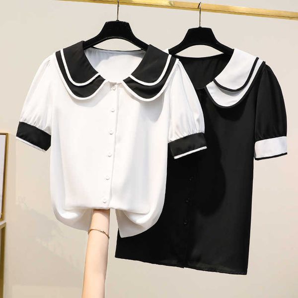 Kadın Bluzlar Ofis Bayan Pamuk Büyük Boy Artı Boyutu Siyah Beyaz Mavi Kısa Kollu Bahar Kore Moda Gömlek Tops 210604