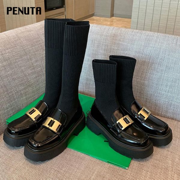 

boots women's winter high chunky heel elastic knee metal decoration sock booties black female autumn shoes b024p