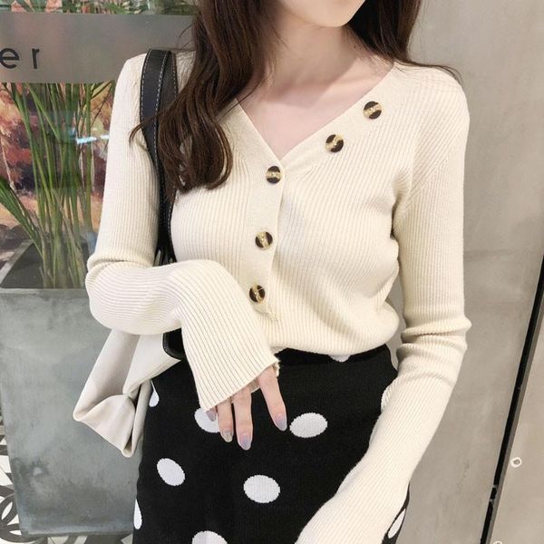 

women's sweaters women spring autumn fashion button v-neck sweater solid knitted pullover slim soft jumper, White;black