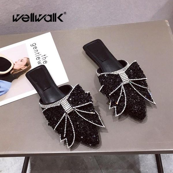 

slippers fashion mules women flat shoes rhinestone bow knot ladies dress slides pointed toe summer shoe woman slip on loafers, Black
