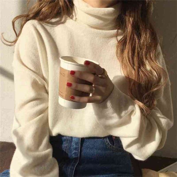 

south korean chic autumn hundred candy-colored high-necked collar casual long sleeves inside warm knit soft sweater woman 210529, White
