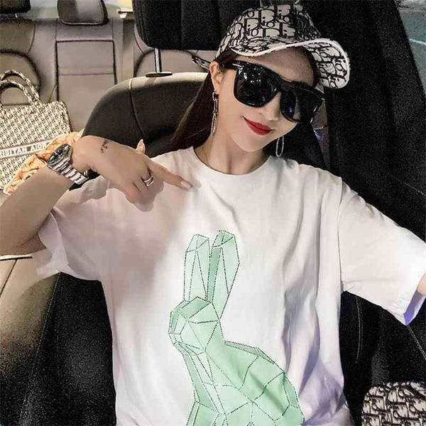 

fashion o collar mid-length women casual short sleeve tees summer drilling woman printing t-shirt y2k 210507, White