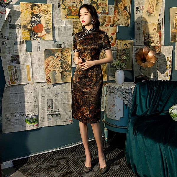 

vintage chinese qipao printed women split cheongsam female improved handmade button mandarin collar dress 4xl ethnic clothing, Red