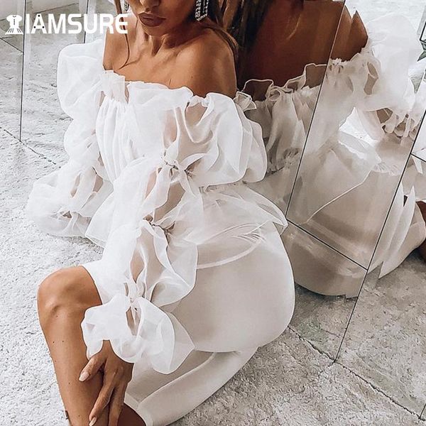 

iamsure vintage mesh t-shirt off shoulder long sleeve crop see through slash neck tees women casual streetwear 2021 90s, White
