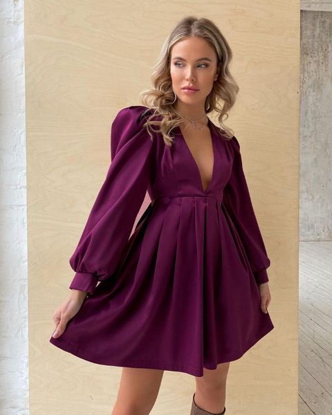 

casual dresses puffy sleeve women deep v-neck mini dress arrivals lady's high waist pleated satin graceful a-line 2021 spring, Black;gray