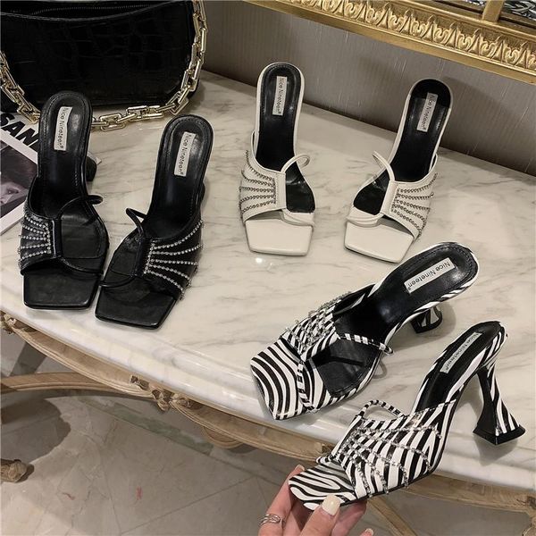 

slippers open toe women hollow design rhinestone summer slides thin high heels pumps elegant party nightclub shoe, Black