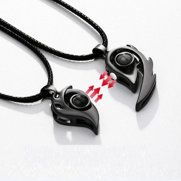 

pendant necklaces 2pcs/set magnetic couple 100 languages i love you projection necklace for women valentine's day jewelry gift, Silver